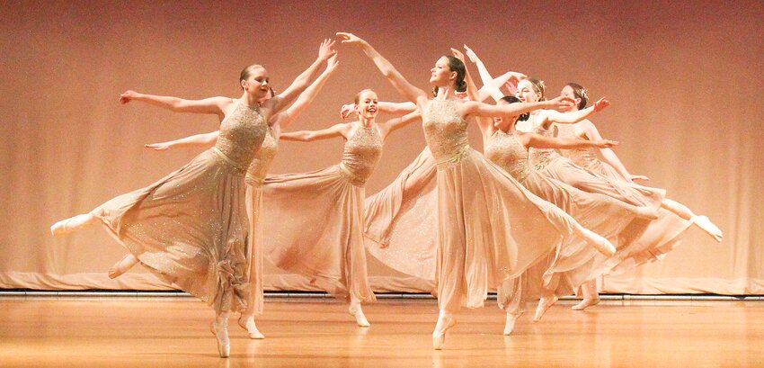 Dancing to &quot;Take My Breath Away&quot; are, from left, Brianna Potratz, Vesper Haley, Nyla Seevers, Natalia Lopez, Aubrey Hanes and Ashlynn Jarzynka. Juliet Moore and Lydia Rasmussen are hidden during April 14's rehearsal. Shelly's School of Dance presented its annual recital April 16.