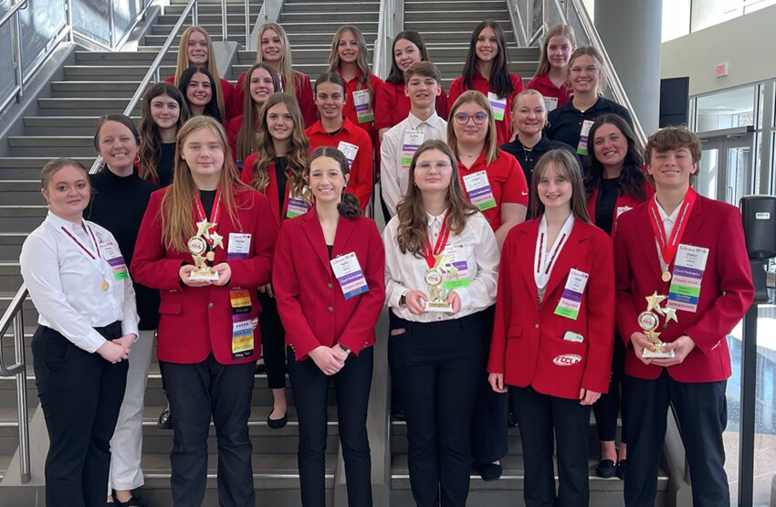 Pictured are the members of the Milford FCCLA chapter that attended the state conference, from left: (front row) Emma Hershberger, Stephen Vance, Sadie Frazier, Annika Hendl, Maizie Kolb and Zephyr Mowinkel; (second row) Advisor Mallory Gregory, Janessa Stauffer, Kyla Troyer, Abigail Gropp and Addisen DeLong; (third row) Jaycie Stutzman, Kayla Wilken, Hattie Michaelis, Jonny Kohout, Karlee Kuklis and Addisyn Mowinkel; and (back row) Tasha Anderson, Aubrey Burton, Karissa Schweitzer, Electa Restau, Nevaeh Spurling and Holly Hostetler.