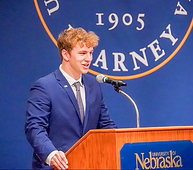 Sam Schroeder gives a speech after being elected student body president at the University of Nebraska at Kearney for the 2024-25 school year.