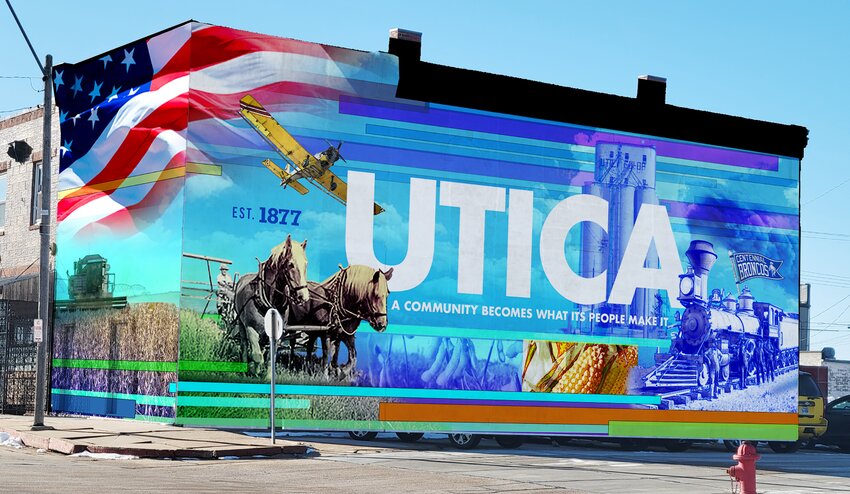 A mock-up of the mural planned in Utica by local artist Seth Boggs shows the community’s ties to agriculture and its patriotism, among other values. Boggs will paint the mural on a building at the corner of Second and D streets.
