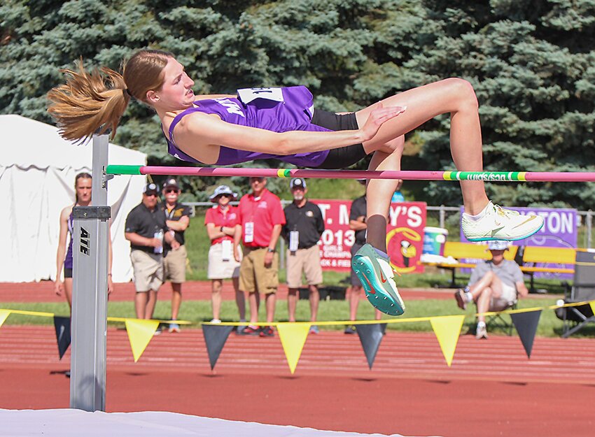 Sarah Spahr of Milford cleared 5-3 in the Class B high jump to finish as the state runner-up May 16.