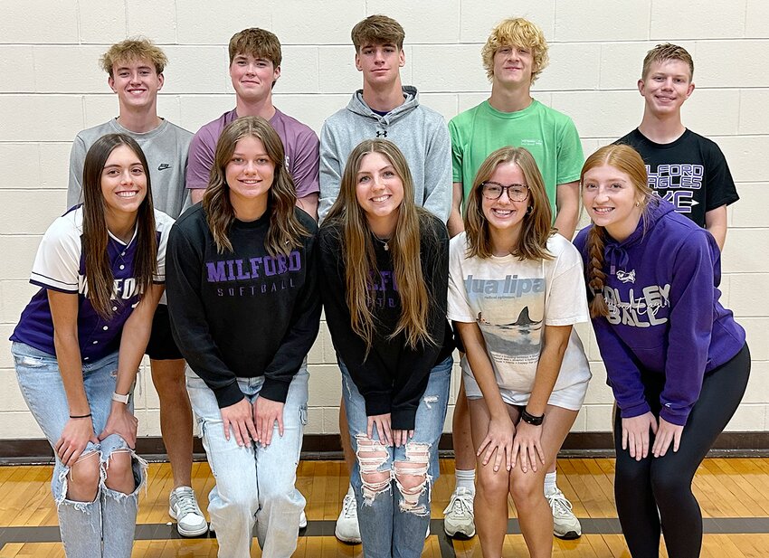 Homecoming court candidates for Milford High School include, from left, (front row) Izabelle Yeackley, Riley Springer, Hannah Wittstruck, Avery Roth and Brooklyn McDonald; and (back row) Gavin Piening, Cole Stutzman, Owen Anderson, Scholar Crumrine and Kellan Kubicek.