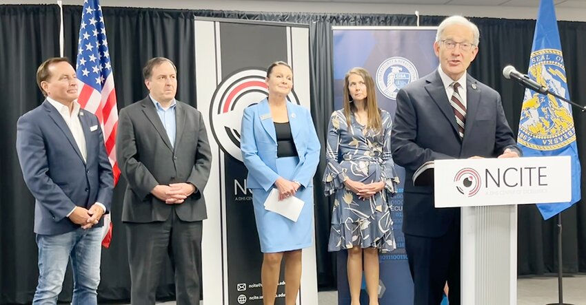 Nebraska Secretary of State Bob Evnen assures Nebraskans that they can have faith in the outcomes of their elections at a press conference on Oct. 9. Behind him is Iowa Secretary of State Paul Pate, Missouri Secretary of State Jay Ashcroft, South Dakota Secretary of State Monae Johnson, CISA Director Jen Easterly and NCITE Director Gina Ligon.