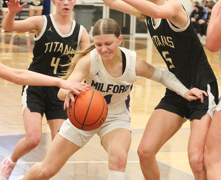 Ayla Roth of Milford drives into the lane against Thayer Central Feb. 8.