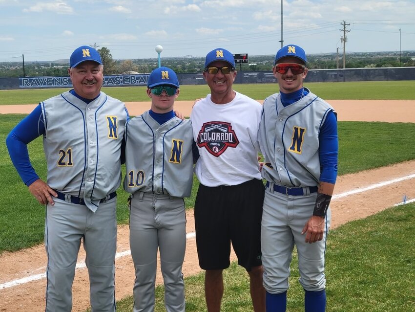 Head coach for the Mustangs Randy Gabriel stands with Hemmy O'Brien, Kelly Arnold and Steele Arnold at the Colorado all-state games for high school baseball in Thornton.
