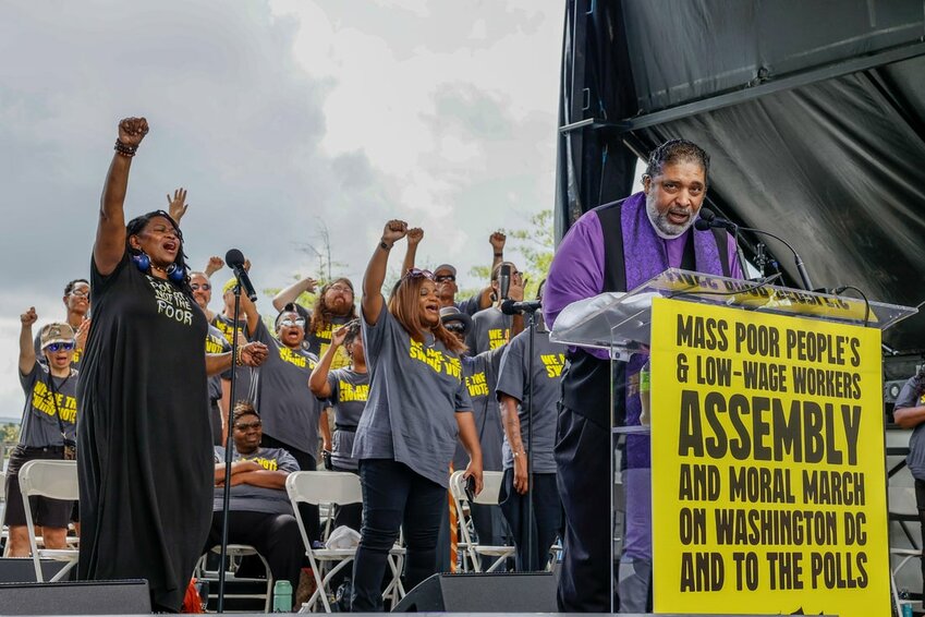 Reverend Dr. William Barber II addresses moral activists during the Mass Poor People's & Low-Wage Workers' Assembly & Moral March On Washington DC & To The Polls on Pennsylvania Ave on June 29, 2024 in Washington, DC.