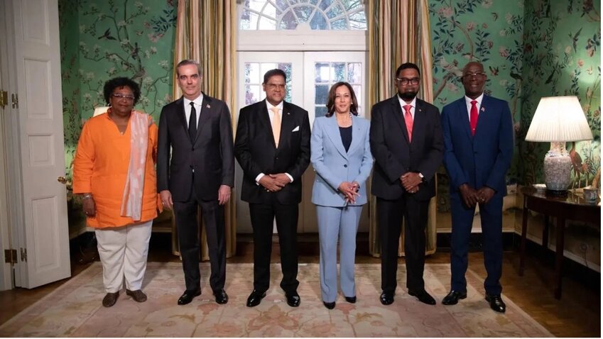 Vice President Kamala Harris and Caribbean Leaders

From left to right: Prime Minister Mia Mottley of Barbados, President Luis Abinader of the Dominican Republic, President Chan Santokhi of Suriname, Vice President Kamala Harris of the United States of America, President Irfaan Ali of Guyana,  Prime Minister Dr Keith Rowley of Trinidad and Tobago.