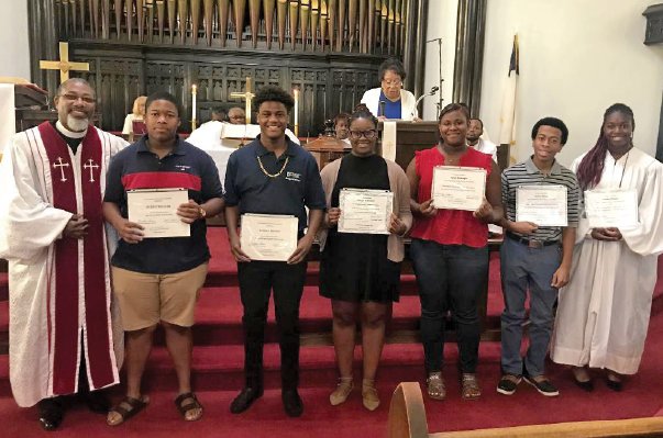 Pictured (left to right): Rev. Dr. Anthony Witherspoon, Ruben Wagner, Roman Brown, Kaelyn Robinson, Alexis McKnight, Xavier Gross and Reality Paton.
