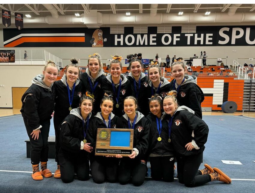 The St. Cloud Crush gymnastics team — Payton Marshall (front, from left), Maddie Anderson, Maddie Halstrom, Tasha Rice and Kendra Teff; (back, from left) Grace Stark, Madi Hengel, Bella Rudolph, Kendall Dvorak, Camryn Balfanz, Brenna Gruber and Kiera Florek – won the Section 8AA championship Feb. 16 at Moorhead High School. The Crush competed at the state team meet Feb. 23 at Roy Wilkins Auditorium in St. Paul.