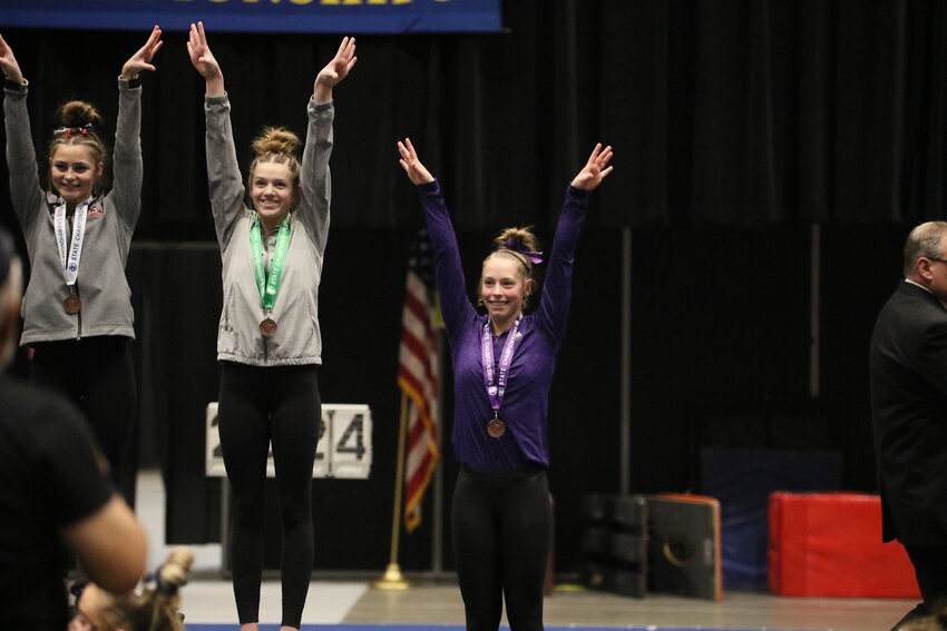 Hannah Hoppe earns a medal at the Minnesota State High School League Class A Gymnastics State Individual Tournament Feb. 24 at Roy Wilkins Auditorium in St. Paul. Hoppe finished seventh in the all-around and was the only Lady Dutchmen to medal.