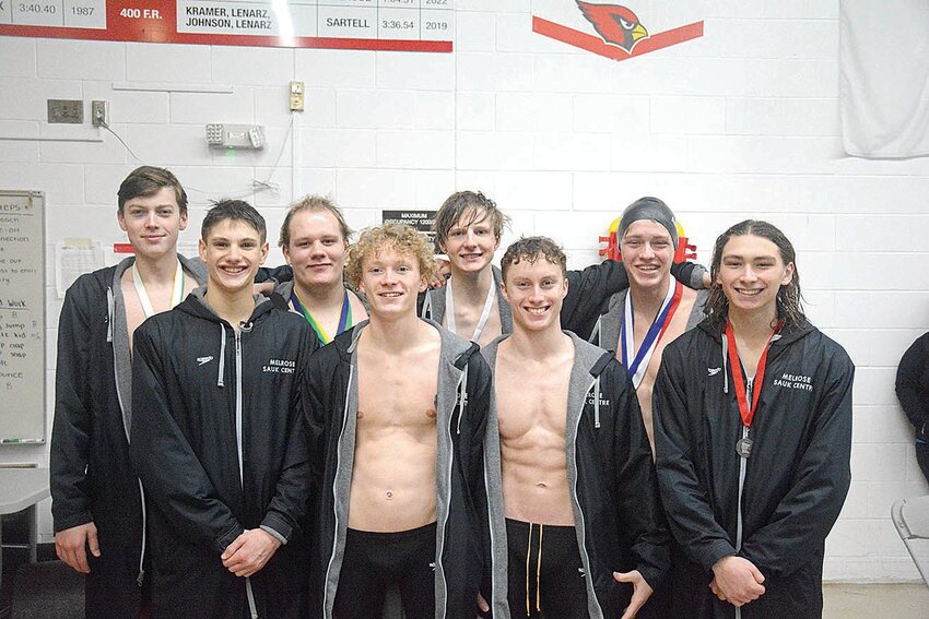 The Melrose-Sauk Centre Fusion state qualifiers consist of Thatcher Van Beck (front, from left), Jacob Robischon, Grant Eveslage and Andrue Stalboerger; (back, from left) Nolan Fleischhacker, Macen Toavs-Etcheverry, Alex Wilwerding and Sevrin Anderson. The Fusion won the Section 5A meet in convincing fashion and will boast at least one state qualifier in each event.