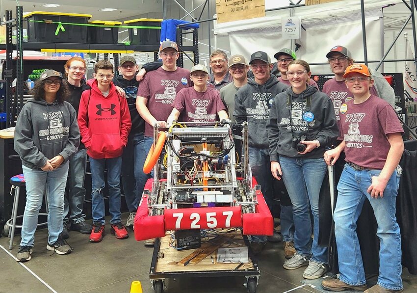Semiconductors Team 7257— Bella Obrzut (front, from left), Ethan Tegels, Colton Volkman, Emmit Ruegemer, Rylan Pallow, Noah Christen, Olivia Christen and Owen Volkman; (back, from left) Ben Nelson, Charles Lee, Douglas Lee, Tyler Peters and Mitchell Christen — compete at the Granite City Regional FIRST competition April 6 at River’s Edge Convention Center in St. Cloud. The team captured fourth place in the three-day competition and advanced to the Minnesota State High School League Robotics State event.