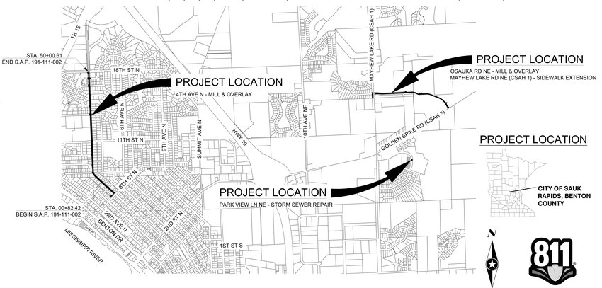 A graphic shows the project locations of Sauk Rapids overlay improvements scheduled for this year. City engineer Scott Hedlund reviewed select plans and drawings for $1.95 million worth of improvement work during an April 8 Sauk Rapids City Council meeting presentation.