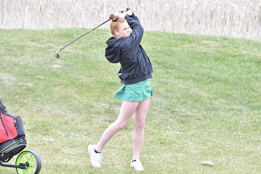 Storm junior Quinn Arndt watches her approach shot head toward the first green at a Central Lakes Conference golf meet April 22 at Territory Golf Club in St. Cloud. Arndt shot a personal-best score of 97 to lead Sauk Rapids-Rice.