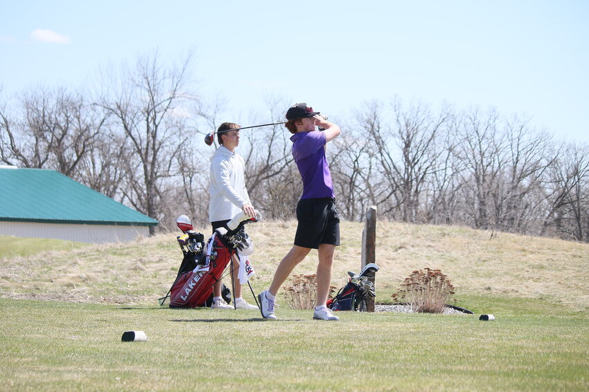 Drew Lehner tees off at hole No. 10 at the Sauk Centre Invitational April 24 at GreyStone Golf Club in Sauk Centre. Lehner scored a 77, giving Albany three golfers in the top 10 of the contest.