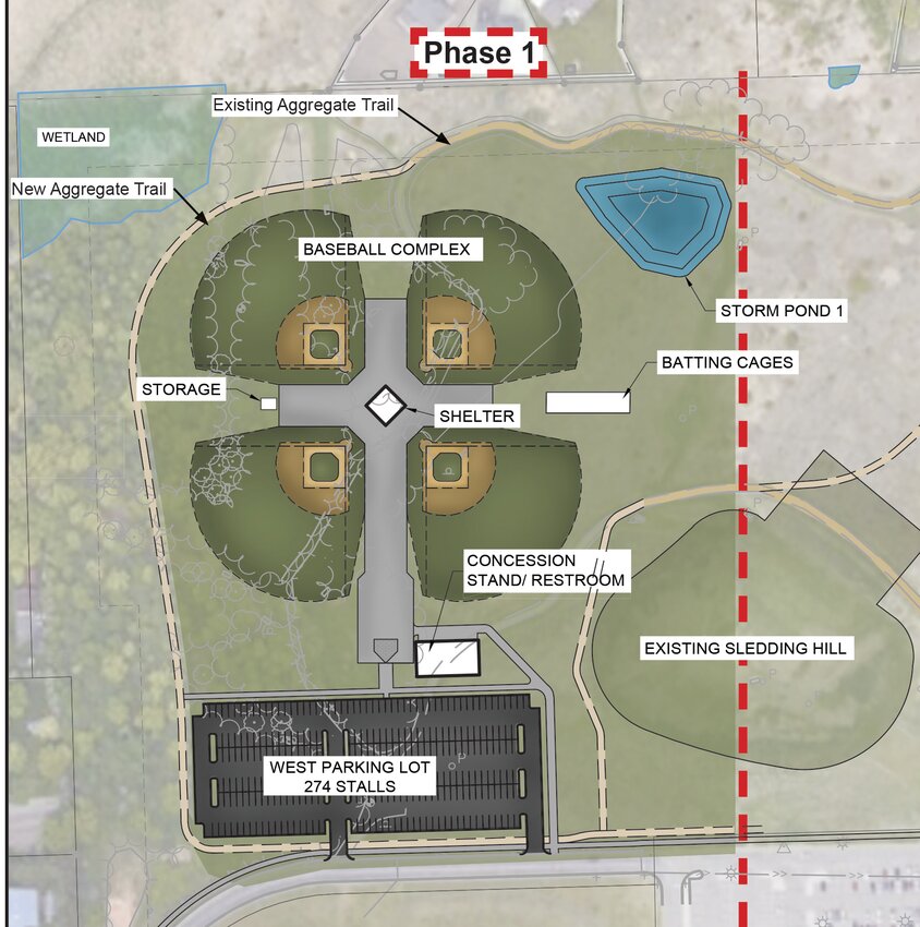 This phasing map for the planned Mayhew Creek Regional Sports Complex in Sauk Rapids shows the placement of four Little League baseball fields and other improvements. City leaders unanimously approved a 10-year field operating agreement with the Sauk Rapids-Rice Youth Baseball Association April 29.