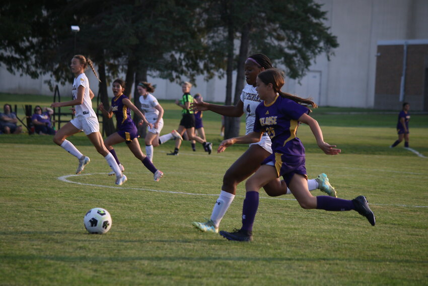 Leylah Worms races to the ball during a Melrose attack against Cathedral Sept. 12 at Melrose Area High School in Melrose. The Lady Dutchmen cut through the Cathedral defense in the second half but could not get clear shots at the goal.