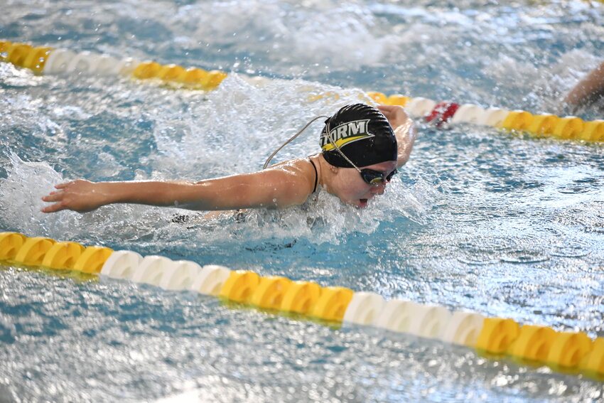 Storm sophomore Layla Wolvert glides through the water during the butterfly leg of the 200-yard medley relay against Fergus Falls Sept. 19 at Sauk Rapids-Rice High School in Sauk Rapids. The team of Grace Thompson, Mya Miller, Wolvert and Jamie Durheim placed third in the event.