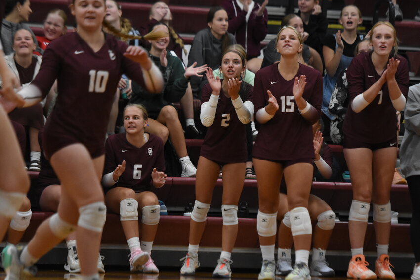 Senior Sienna Klaphake drives a serve across during Sauk Centre’s three-set sweep Oct. 8 over Benson. Sauk Centre had 17 aces and won the match in three sets 25-17, 25-9, 25-10.