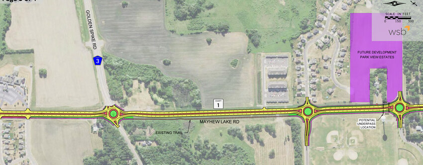 This graphic from a 2023 Mayhew Lake Corridor access and safety study prepared by the St. Cloud Area Planning Organization shows the location of two proposed roundabouts near Sauk Rapid-Rice High School at the intersections of Water Tower Road and Osauka Road Northeast in Sauk Rapids. During a March 4 meeting, Chris Byrd, county engineer, asked commissioners to revisit the project at the March 25 committee meeting.