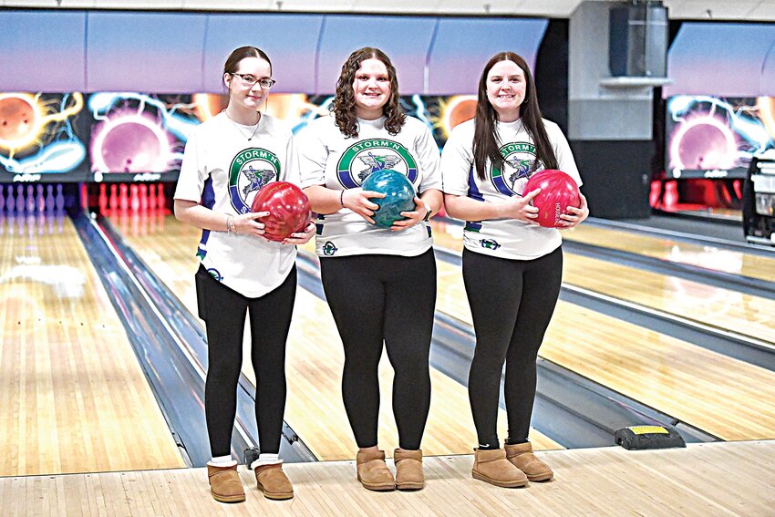 Members of the Sartell/Sauk Rapids-Rice girls bowling team — Hailee Neumann (from left), Katie Bialke and Maggie Bialke — helped lead the Storm’n Sabres to the championship at the Minnesota Girls High School State Tournament March 1 at Concord Lanes in South St. Paul. The team defeated Farmington in the championship match for their second-consecutive title