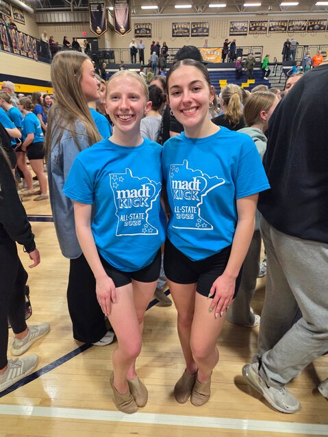 Albany’s All-State dancers are Paige Holthaus (left) and Payton Goebel. The duo took part in the Class AA high kick performance March 8 at Prior Lake High School in Prior Lake.