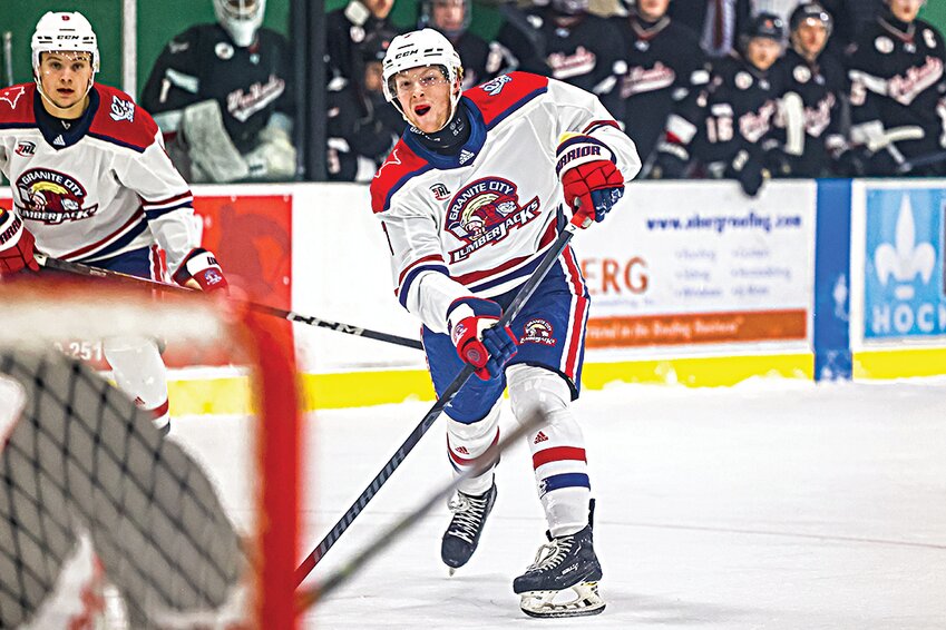 Granite City defenseman Jack Postula fires a shot on net against Willmar in the West Division playoffs March 14 at Sports Arena East in Sauk Rapids. Postula and the Lumberjacks swept the WarHawks in two games.