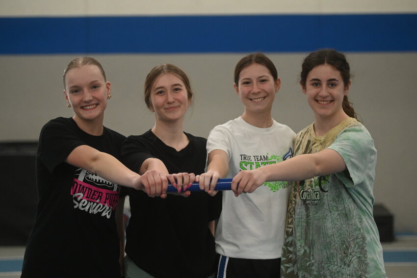 Foley’s girls track and field senior class consists of Kaitlyn Latterell (from left), Montanna Gapinski, Ann Sobania and Helen Lachinski. The Falcons look to continue their streak of five straight Granite Ridge Conference outdoor titles and six indoor conference championships. Not pictured is Madeline Adkisson.