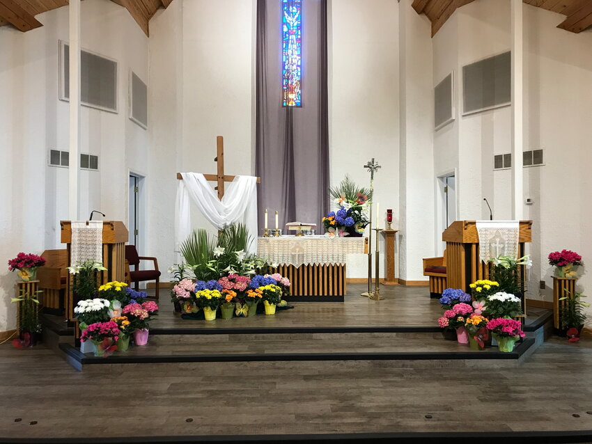 Brightly colored Easter flowers sit on the altar in 2023 at First Lutheran Church in Sauk Centre. The Rev. Becky Thomas said they use plants rather than cuttings to symbolize new life, a parallel to the resurrection of Christ being celebrated on Easter Sunday.
