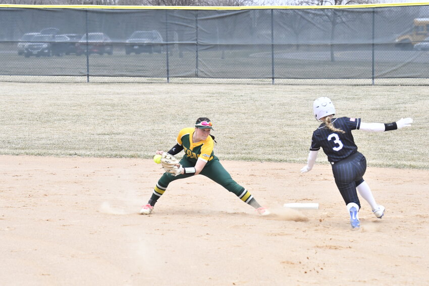 Storm shortstop Addi Breth prepares to apply a tag to a Sartell baserunner April 17 at the Sauk Rapids-Rice High School fields in Sauk Rapids. Breth was 1-for-4 with a run in her team’s 6-1 win over the Sabres.