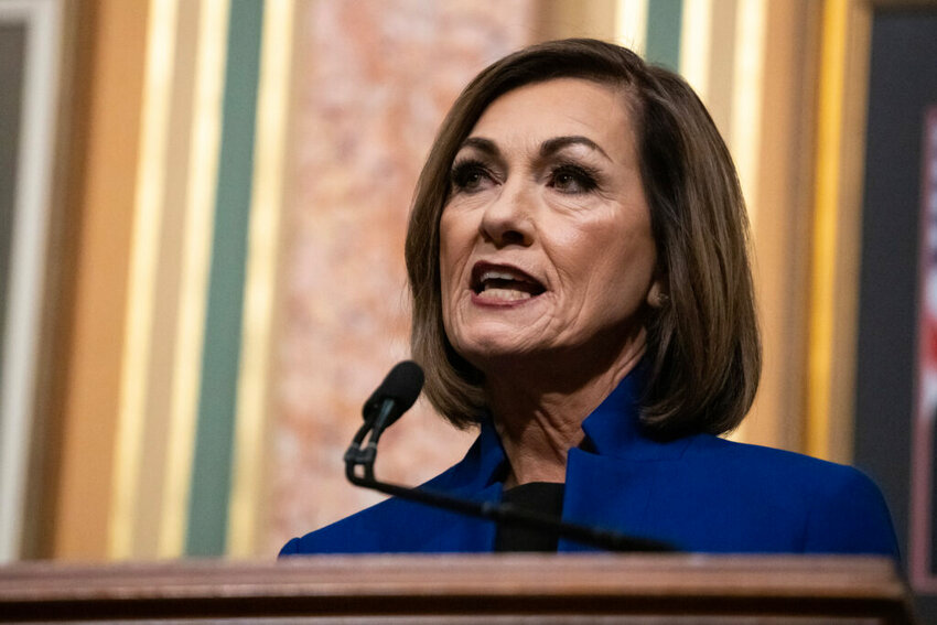 Gov. Kim Reynolds gives the Condition of the State address to members of the Iowa Legislature inside the House Chamber, on Tuesday evening, Jan. 10, 2023, at the Iowa State Capitol, in Des Moines. (Pool photo by Kelsey Kremer)