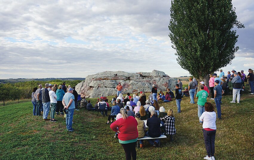 Mark Anderson addresses the audience eager to learn the Pilot Rock’s history.