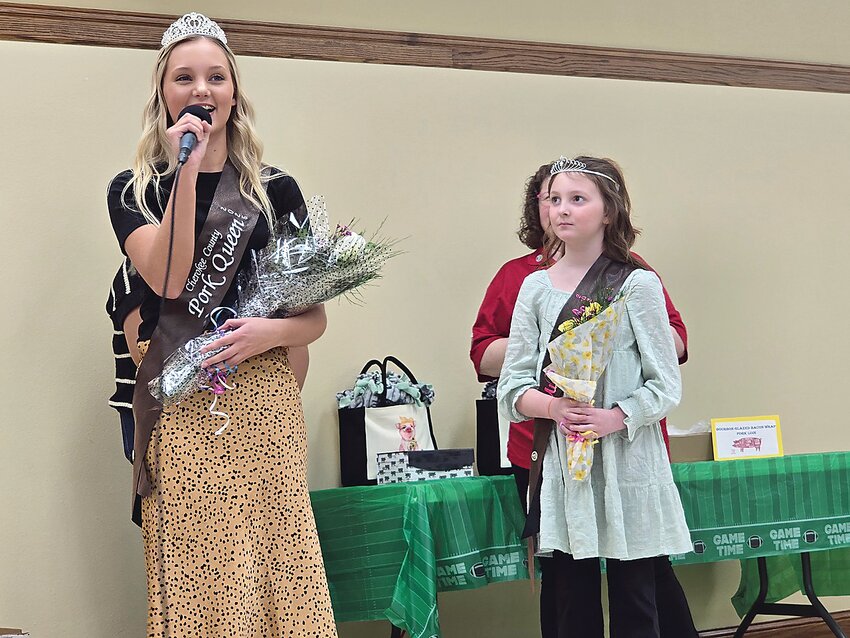 Cherokee County Pork Producers crowned Aubrey Kannegieter, daughter of Tyler and Jessica Kannegieter, as Cherokee County Pork Queen at their annual banquet on Sunday, March 1. Kannegieter, who also was crowned Cherokee County Fair Queen in 2024, was joined by the new Miss Pigtails Anna Parker, daughter of Rod and Liza Parker.