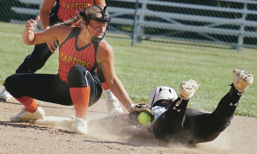 Ridge VIew shortstop Cadence Stricklett tags out St. Mary’s Neely Bacon at second base during Monday’s game in Galva. TIMES PILOT photo by JAMIE KNAPP