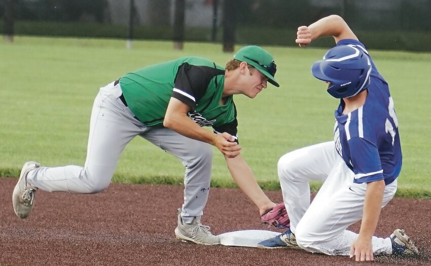 Storm Lake shortstop Allan White tags out Newell-Fonda’s Max Carlson during a stolen base attempt in their game on Tuesday night at Tornado Field. Carlson was called out on the play. TIMES PILOT photo by JAMIE KNAPP