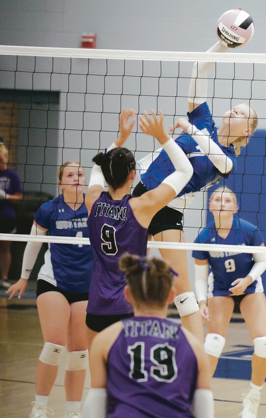 Newell-Fonda’s Kinzee Hinders hits an attack during their match against GTRA last Thursday in Newell. TIMES PILOT photo by JAMIE KNAPP