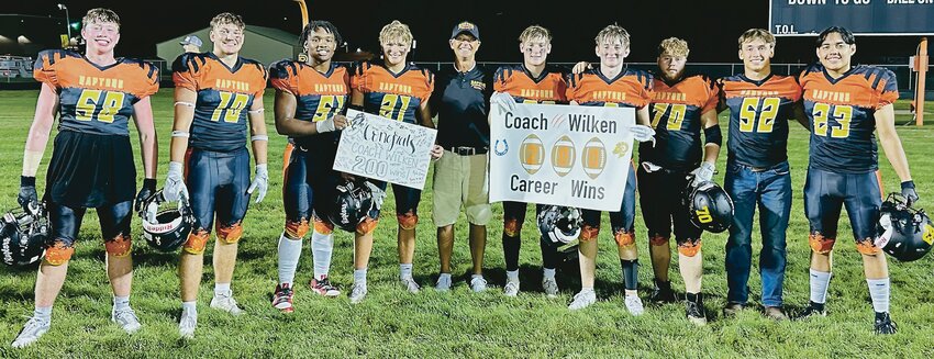 Ridge View coach Brian Wilken won his 200th career game last Friday when the Raptors beat Akron-Westfield 10-0. Pictured with Wilken are Kyle Burk, Kellen Jensen, Dramelle McCray, Conner Jacobson, Gavin Vohs, Carson Harriman, Jared Taylor, Austin Wood and Xavier Rojas.