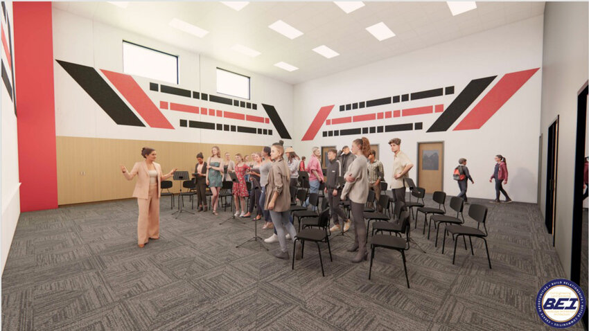 Renderings of the fine arts/ag space/classroom space include views of the auditorium, music room and exterior. The current playground will be moved north.