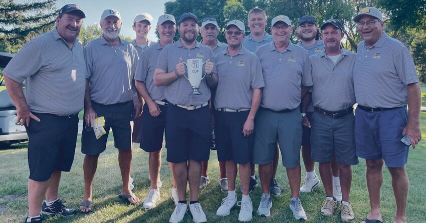 BVU Golf Course at Lake Creek team members pictured from left to right are: Rick Woodley, Doug Thompson, Anthony Gallagher, Tom James, Andrew Zinn, Jim Woods, Chuck Arett, Evan Krause, Bob Jensen, Jaden Peterson, Steve Berry and Mark Henningsen.