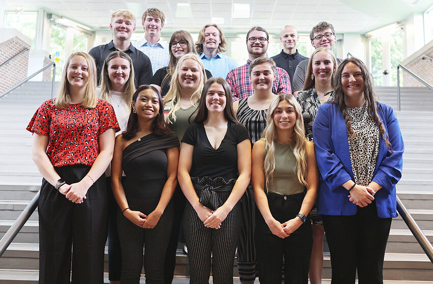 Clifford A. Rae Academic Achievement Award winners at Buena Vista University in 2024 include front from left: Danika Demers, Money Thammavongsa, Kylie Trappe, Paige Druskis, Keirsten Trayte. Second row from left: Abigail Clark, Lillian Hoffman, Kristen Davis, Marissa Bronner. Third row from left: Tanner Gerke, Summer Prokop, Alex Galati, Christian Voss. Back row from left: Joshua Giefer, Ethan Schlichte, Aiden Webber. Not pictured: Alexander Davidge and Riley Parkis.