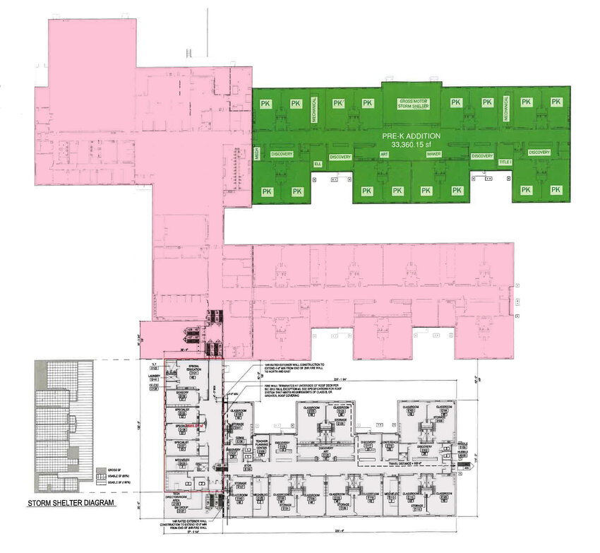 A drawing of the complete layout of Storm Lake Early Elementary School. Phases I and II are complete. Phase I is shaded pink and phase II is light gray. Phase III, yet to be built, is in green.