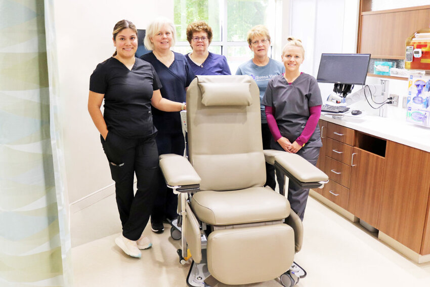 The BVRMC Oncology & Infusion Center team is eager for patients to benefit from the comfort of the new chairs donated by the Buena Vista Regional Healthcare Foundation. From left: Karen Pantoja, RN; Deb Colshan, director of oncology, MSN, BSN, RN; Debra Carlson, MSN, BSN, RN; Darcy Sibenaller, RN; and Kelsey Martens, RN.