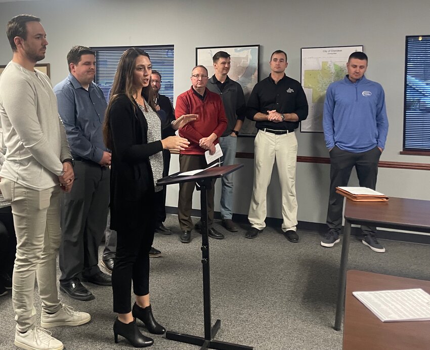 Members of the Chamber of Commerce petitioned the city council for a three-year $15,000 commitment. From left: David Cook, President Liz Dawson, Jake Vanderslice, (can’t see him because he’s behind Liz but Tim Hoffman was there), Jake Vanderslice, Ron Halverson, Kent Lundquist, Kyle Basten, David Cronin and Executive Director Cory Ege.