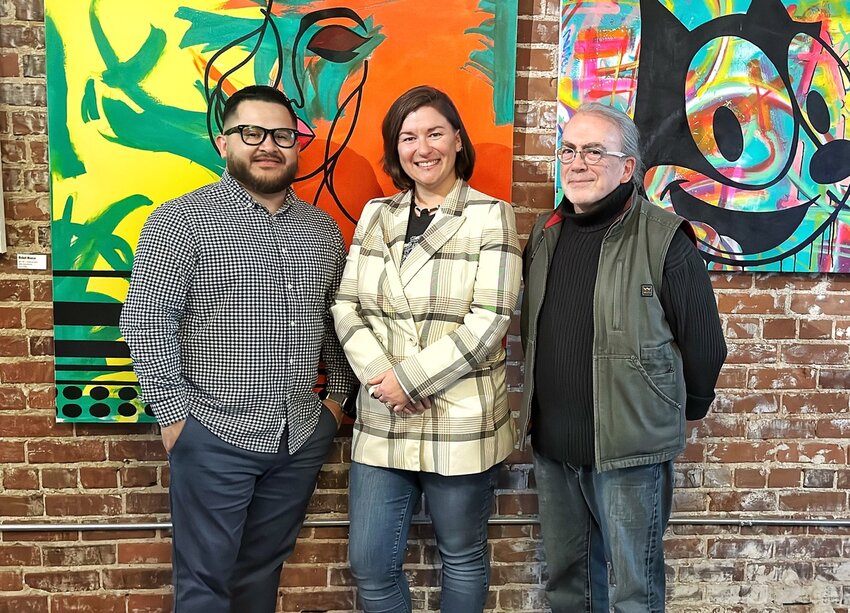 From left: Randy Carrillo, Haley McAndrews and Lee Shiney at Carrillo’s current exhibition at The Old Fashioned in Denison.