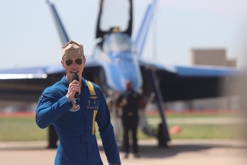 The Blue Angels spokesman, Lieutenant Connor O’Donnell, addressed crowds and introduced the pilots and maintenance crews to attendees.