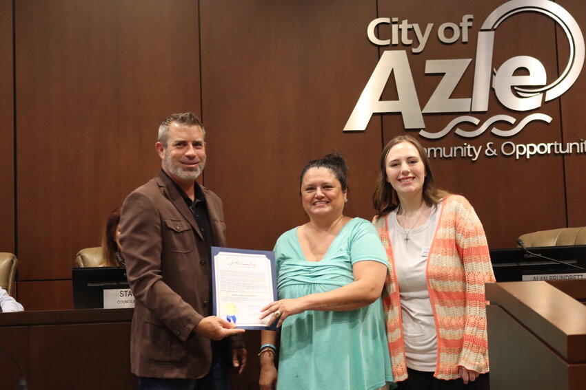 Nishna Mendez and Britney Oaks of Freedom House received a written proclamation from Mayor Brundrett for Sexual Assault Awareness Month.