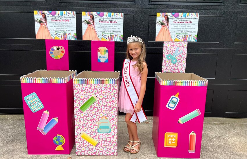 Eagle Heights Elementary student and winner of Miss Texas Princess, Vanessa Webb, is collecting new and unused supplies for local elementary schools in need. Webb plans to present this effort as part of the community service portion of the National American Miss pageant in Orlando, Florida in November. Supply boxes are located at Azle Manor and Southern Honey Giftique and Stingers Bar and Grill. Read all about Webb in the July 11 edition of the Tri-County Reporter.