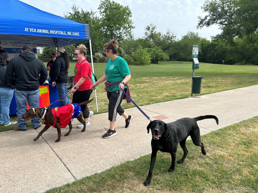 Friends Meredith Chastain and Katherine Gemme return to Springtown Park after finishing the 5K route with their dogs Zara, a chocolate lab, and Rex, a lab mix, at last year’s Super Steps for Super Pets event.