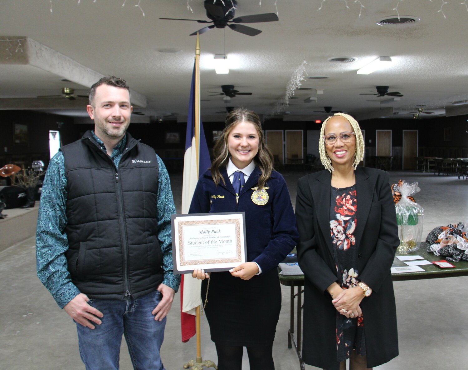 Springtown FFA Vice President Molly Pack, a senior, was also recognized as a Career and Technical Education student of the month at the Springtown Area Chamber of Commerce luncheon. She is pictured between her teacher Chance Kanode and Chamber Executive Director Terri Toone. “This is my first year with both of these students, and I've had the pleasure of watching them grow since I met them in July,” Kanode said.