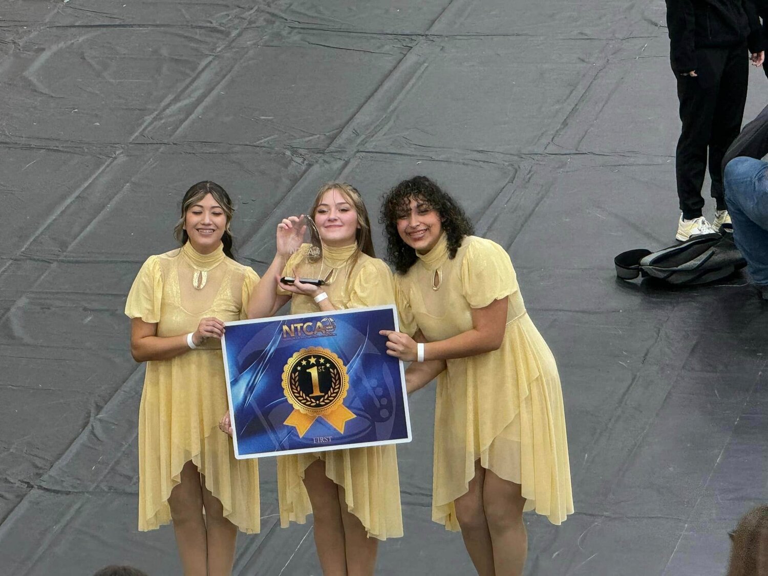 The Sound of Springtown Winterguard earned a first-place finish at the North Texas color Guard Association on Feb. 3. From l-r: Emily Allbright - Senior, 1st Lieutenant, Molly Frank - Junior, Captain, and  Mia Guillen - Sophomore, 2nd Lieutenant